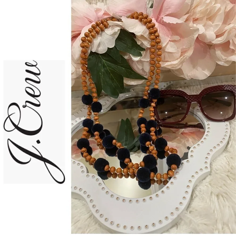 J. Crew Navy Pom-Pom & Beads Layered N…